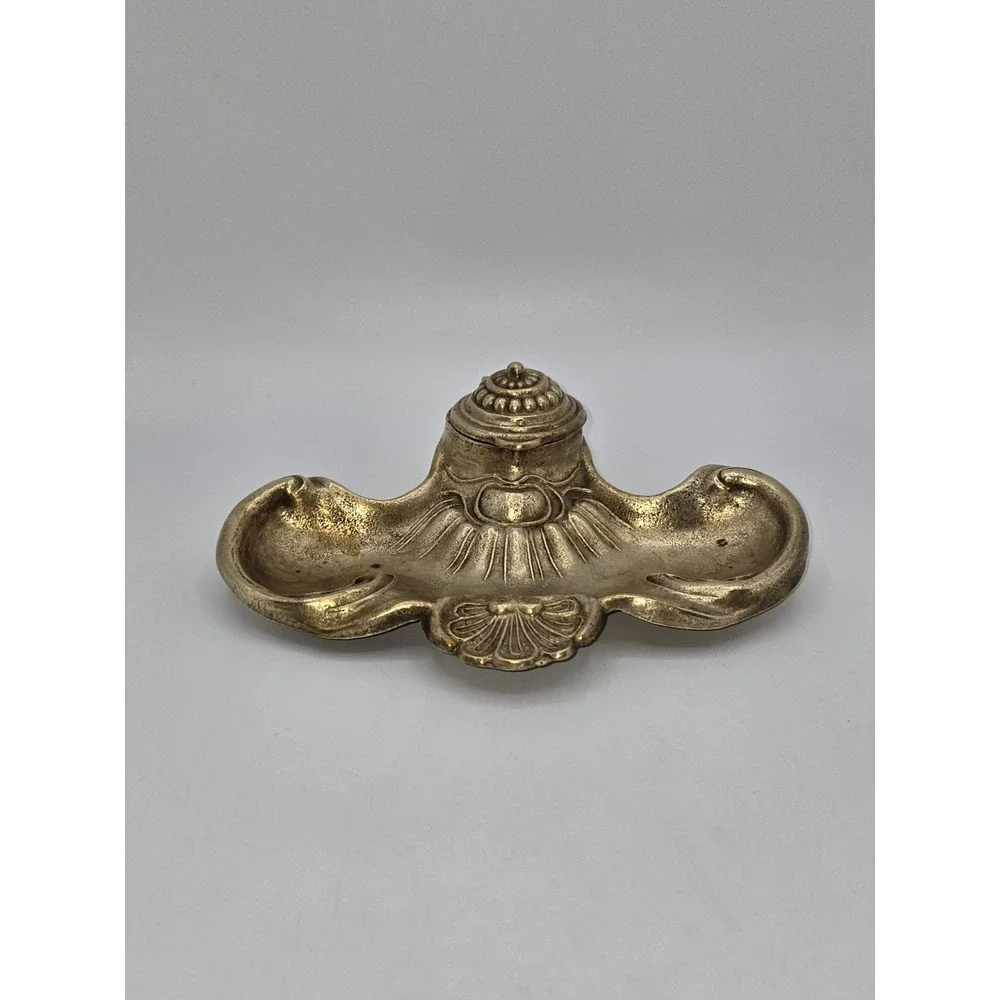Rococo Revival Brass Inkwell Ornate Shell Scroll Hinged Lid